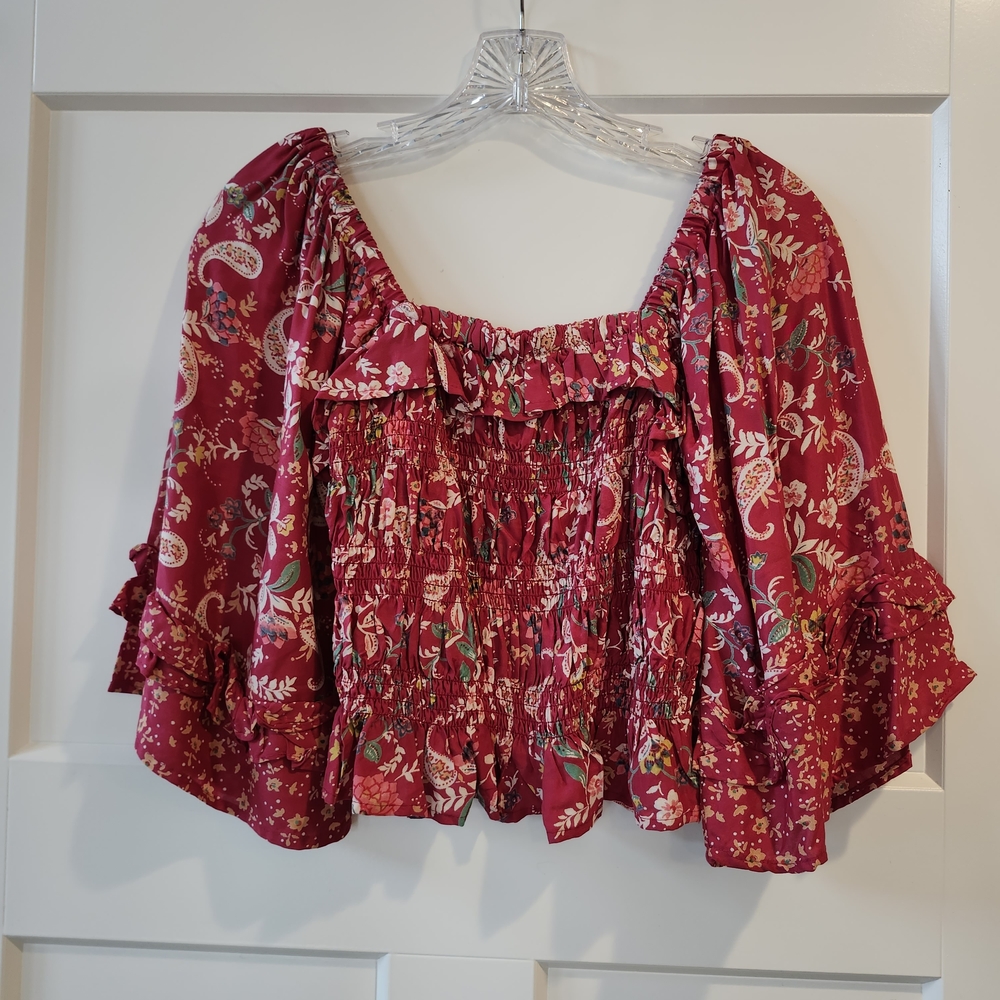 Angie Red Floral Peasant Ruffle Blouse